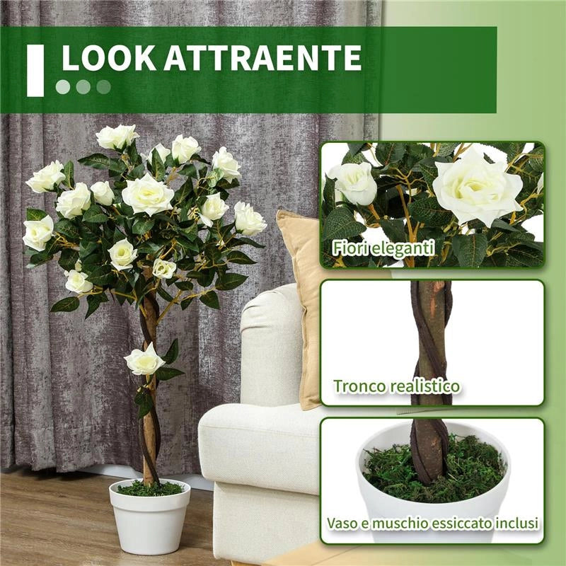 PIANTA FINTA DI ROSA DA 21 FIORI CON VASO RIEMPITO IN CEMENTO E MUSCHIO, Ï18X90 CM, BIANCO