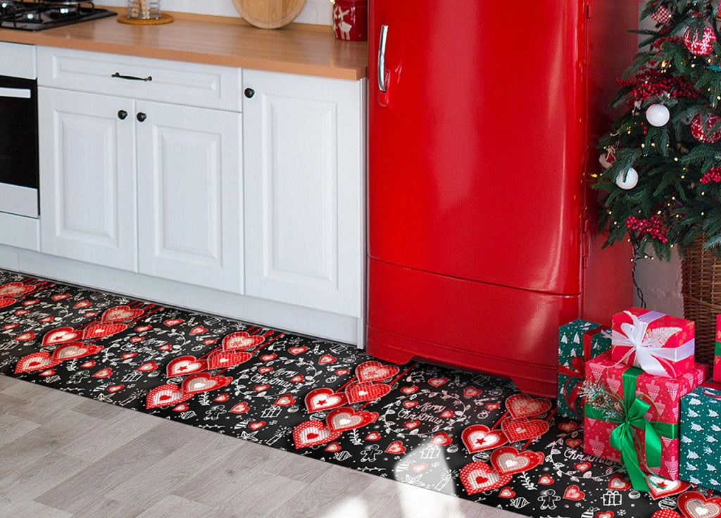 Tappeto Passatoia Cucina Antiscivolo Sottolavello Digitale Natale Cuori Rossi Xmas - 52x500 - Cuori Xmas