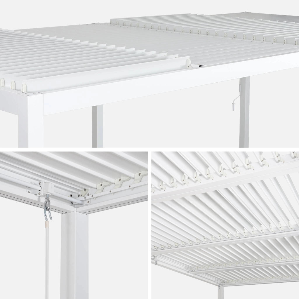 Pergola bioclimatica 3x6m + 2 tende 3m, bianco