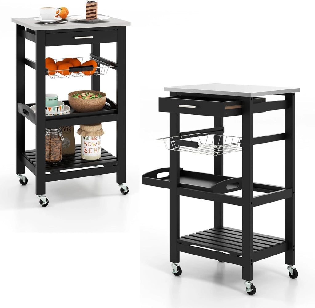 Carrello Cucina con Ruote e Piano di Lavoro in Acciaio Inox, Carrello Portafrutta e Portavivande con Cassetto e Cestello Metallico, Carrellino Portaoggetti per Sala da Pranzo (Nero)