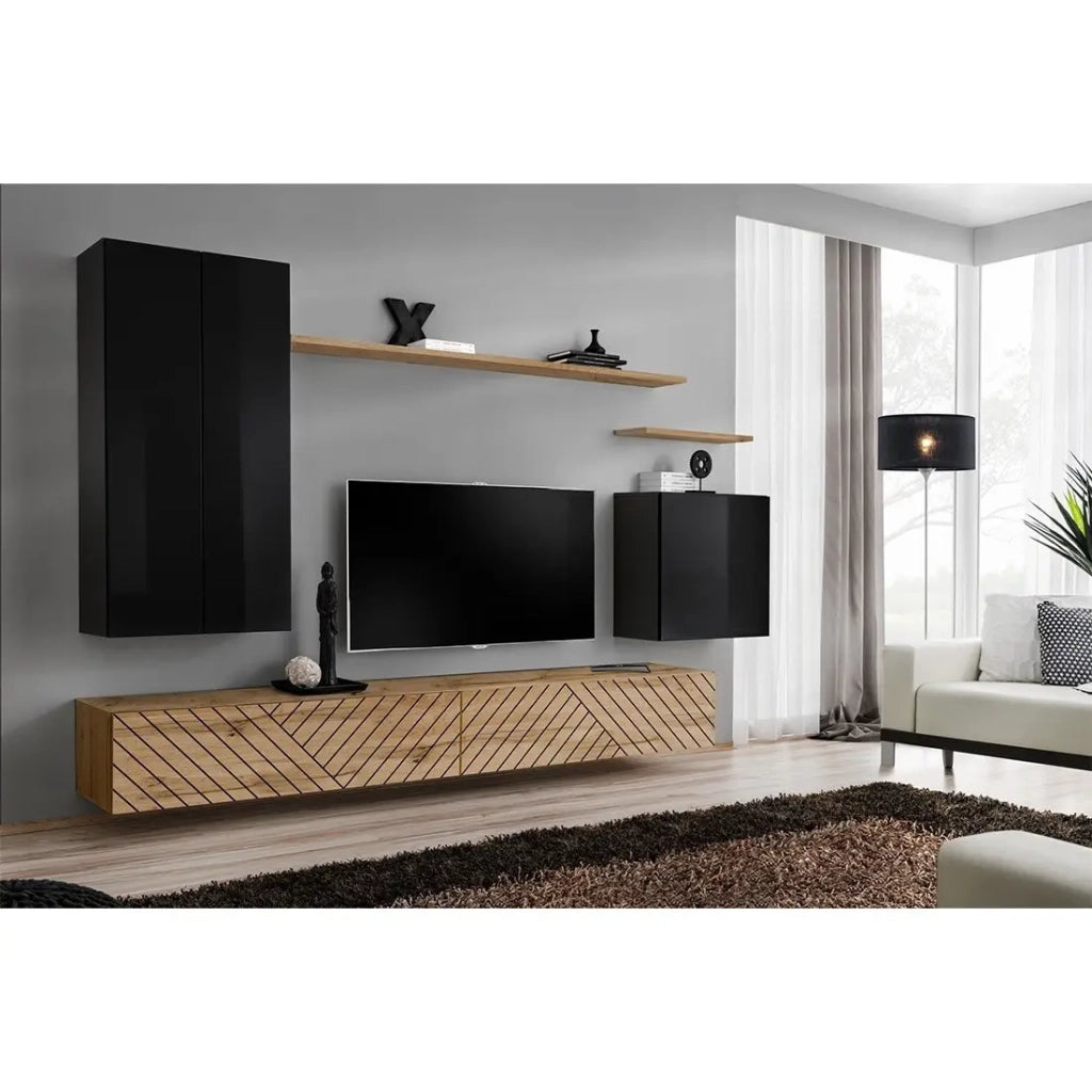 Set di mobili da salotto SWITCH II design, colore nero e rovere wotan. Finiture in nero lucido effetto e rovere fresato.