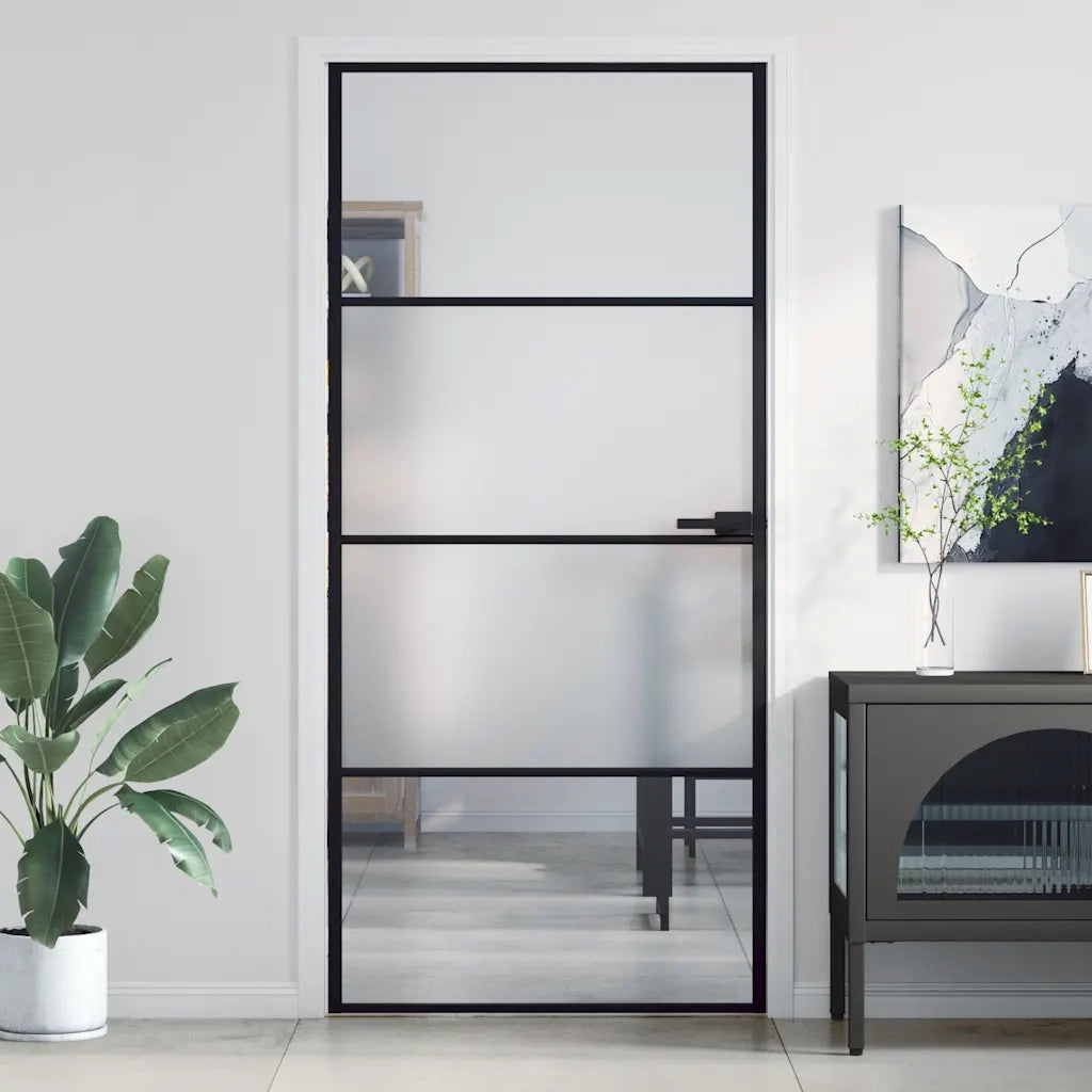 Porta Interni Sottile Nera 93x201,5cm Vetro Temperato Alluminio 155120