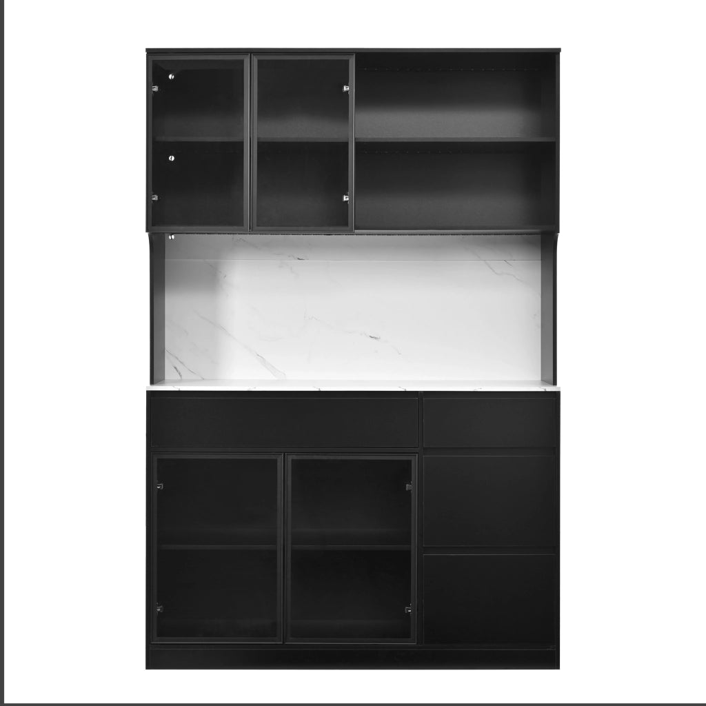 Credenza, mobile da sala da pranzo, finitura in marmo, MDF, ante in vetro, illuminazione a LED, nero e bianco
