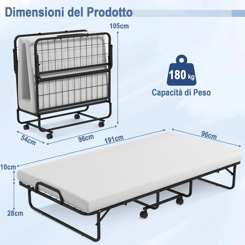 Brandina Pieghevole con Materasso Memory Foam, Letto Pieghevole con Struttura Robusta in Metallo e 4 Ruote, Letto Singolo Portatile per Casa Ufficio, Capacità di Carico 180 kg