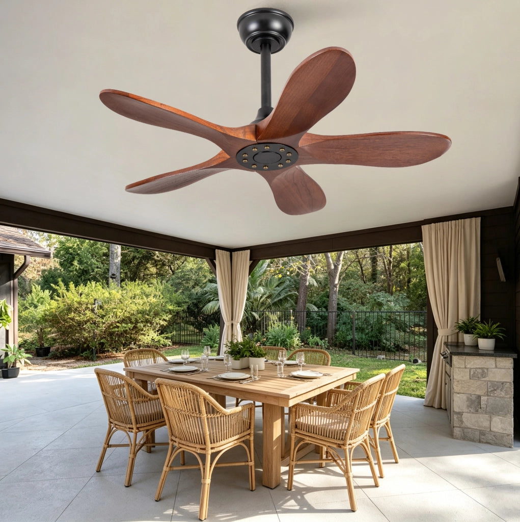 Ventilatore da soffitto senza luce 36 pollici; 5 pale in legno massello; noce scuro e nero