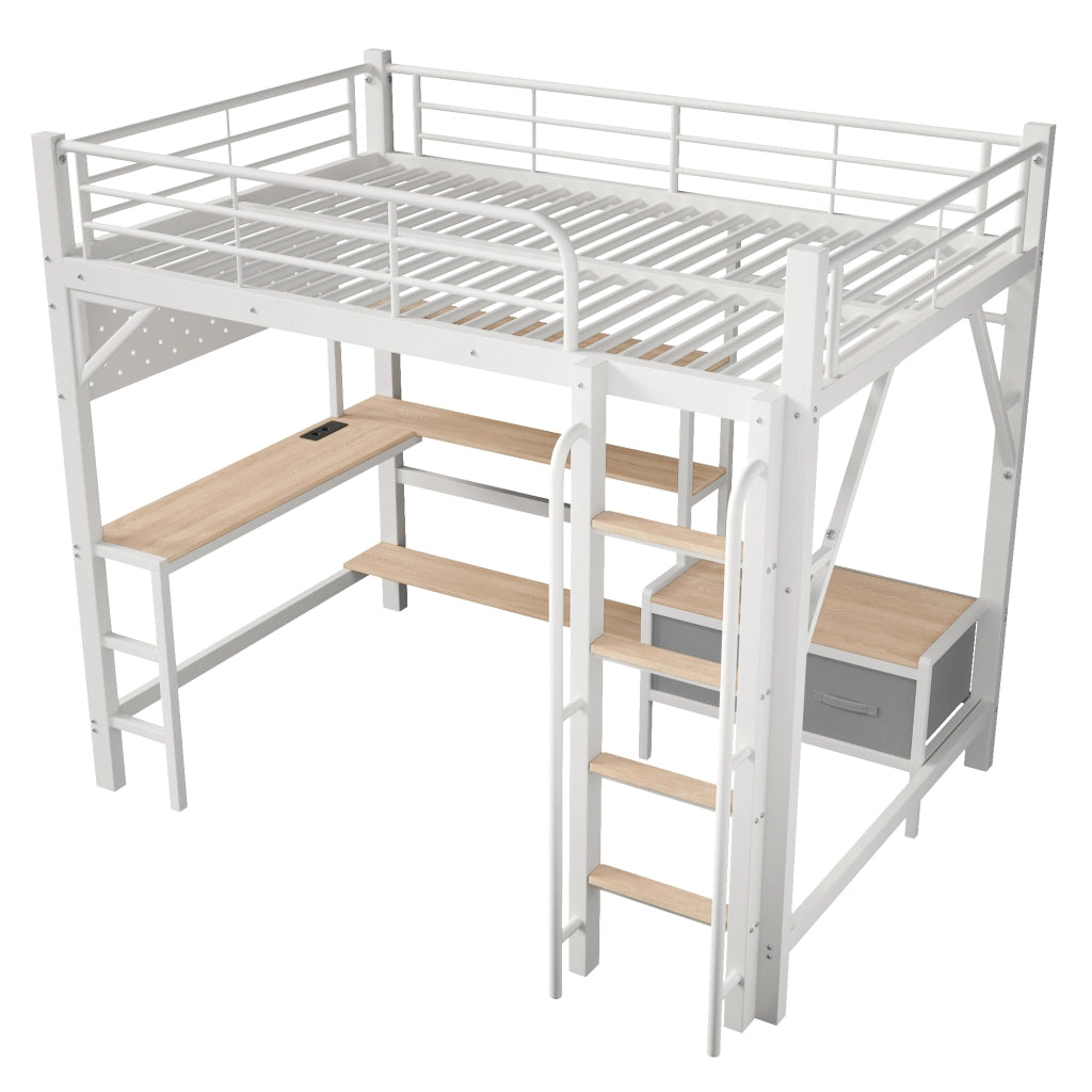 Letto a soppalco 140×200 cm con scrivania; LED; USB; ripiani; 2 cassetti e materasso escluso; bianco