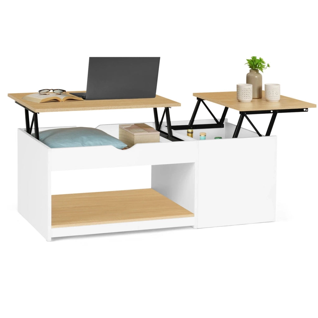 IDMarket - Tavolino ELEA a 2 ante sollevabili con struttura in legno bianco ed effetto faggio