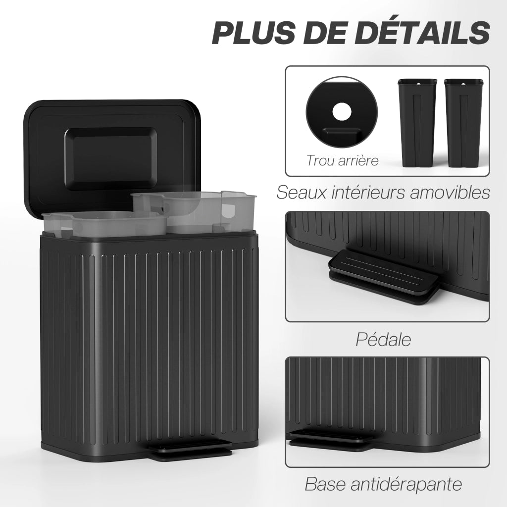 Bidone doppio per cucina ¨C zephmum ¨C 2x20L, interno estraibile, pedale, 45.5x36.5x51cm, nero