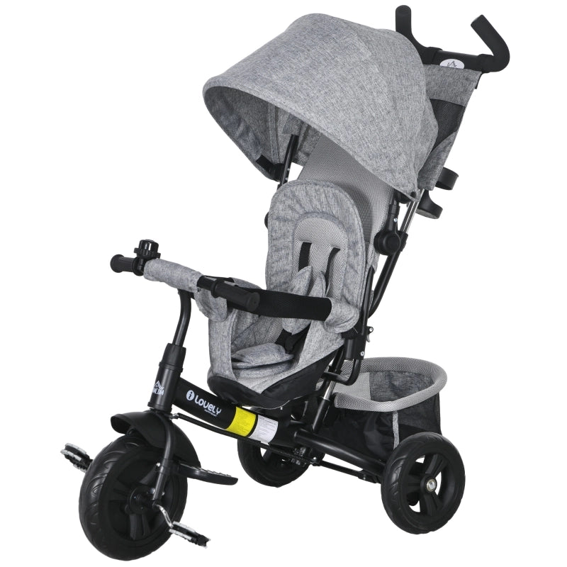 Triciclo 6-in-1 Grigio per Bambini 1-5 Anni con Maniglia Spinta, Tetto Parasole Rimovibile, Cuscino, Cintura 5 Punti, Cesto e Portabicchieri