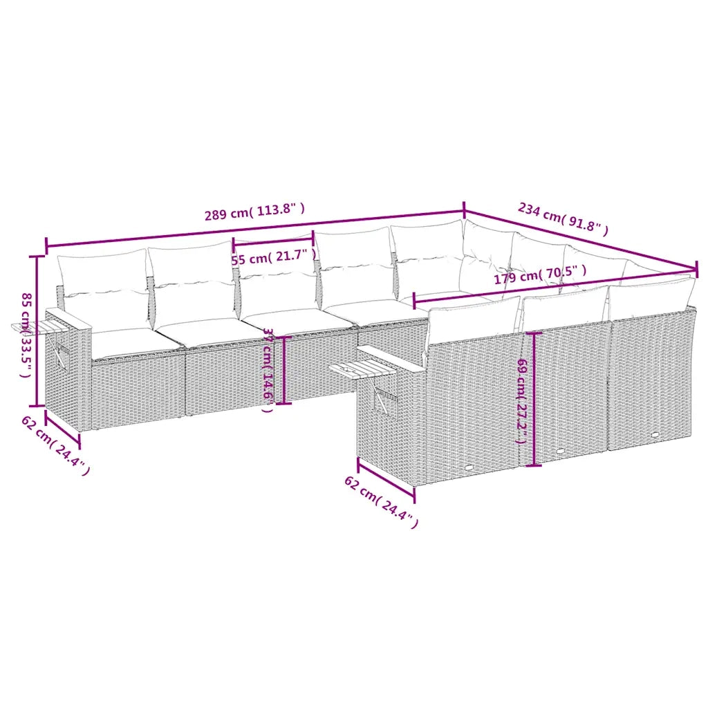 Set Divani da Giardino 10 pz con Cuscini Grigio in Polyrattan 3227181