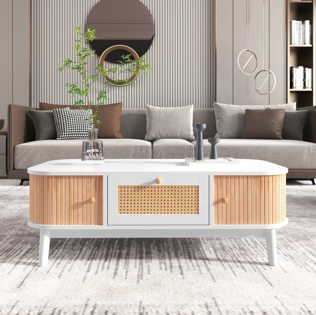 Tavolino da caffè 110x55 cm bianco e legno con contenitore