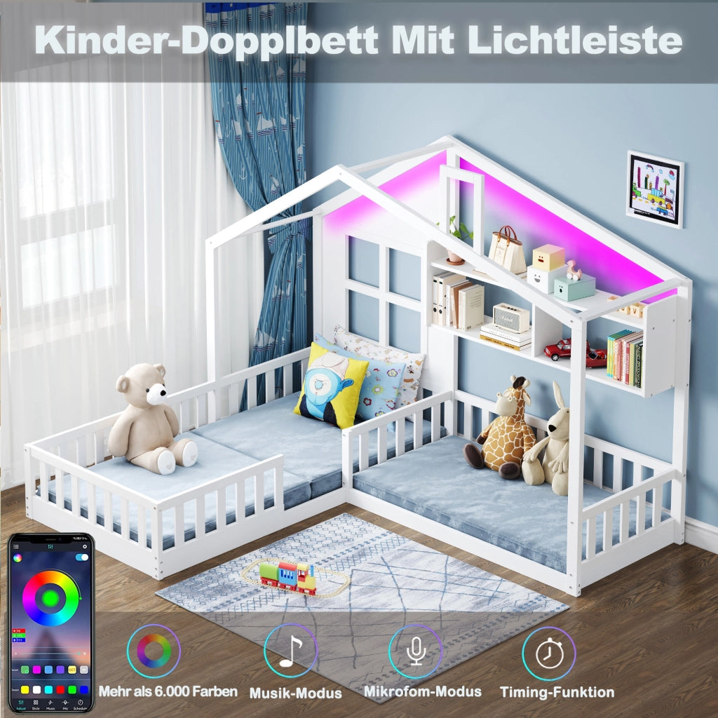 Letto per bambini a casetta 90 × 200 cm con LED, ripiani e barriera di sicurezza, senza materasso, bianco