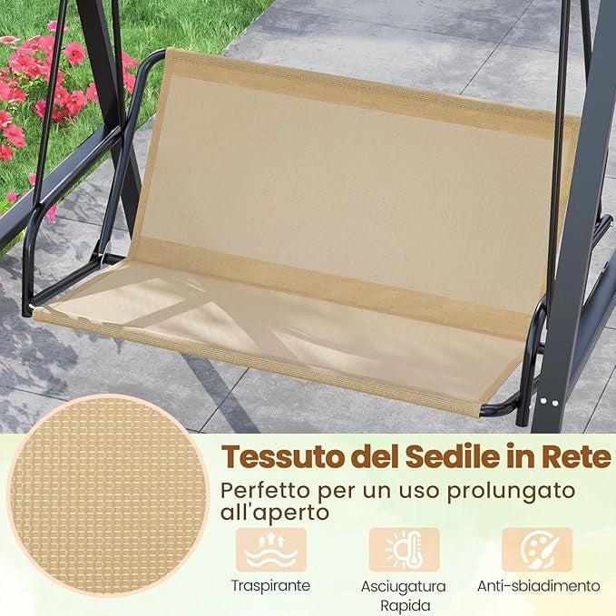 Altalena da Esterno per 2 Persone, Divano a Dondolo con Telaio in Metallo e Tettuccio Regolabile, Altalena con Cuscini per Veranda, Giardino, Cortile, Portata 300 kg