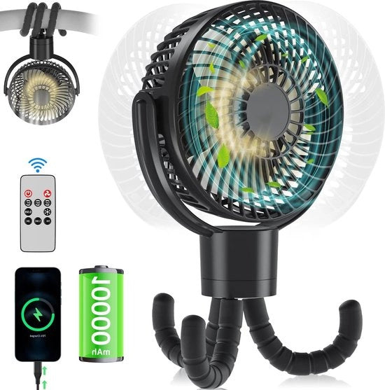 Regolatore di ventilazione oscillante a 360° - ventilatore silenzioso USB - ventilatore da campeggio portatile con illuminazione LED - 4 velocità - 10.000 mAh - 56 ore - Ø 172 cm