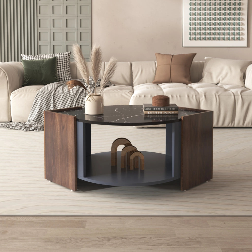 OKWISH Tavolino da Salotto Rettangolare con Vano Contenitore, Effetto Marmo Nero e Noce, Nero, 96.5×63×40 cm