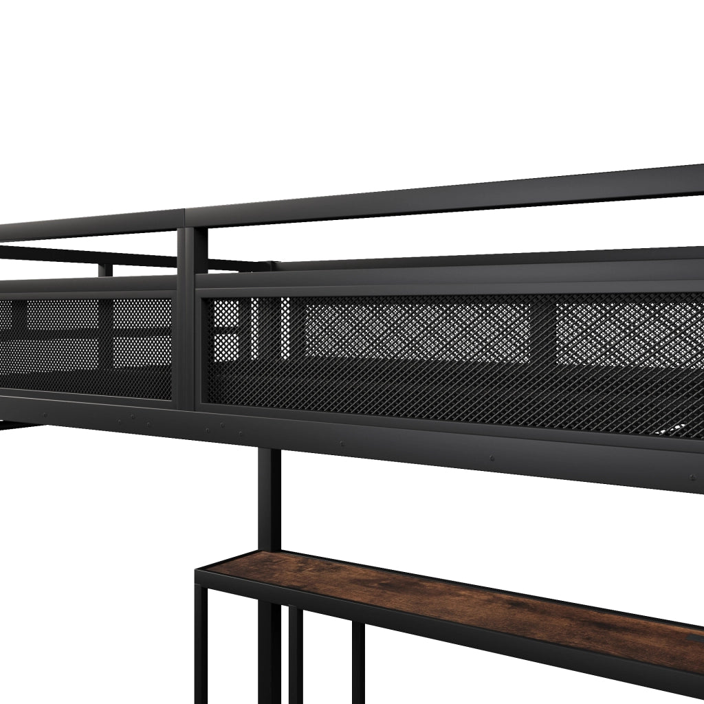 Letto a Soppalco 140x200 cm - LED; USB; Scrivania e Mensole in Metallo e Legno