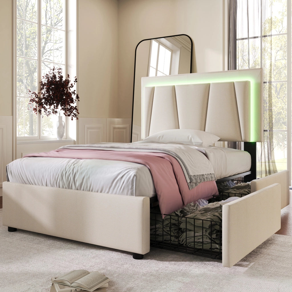 LETTO imbottito 90x200 cm Beige con testiera regolabile, LED e 2 cassetti