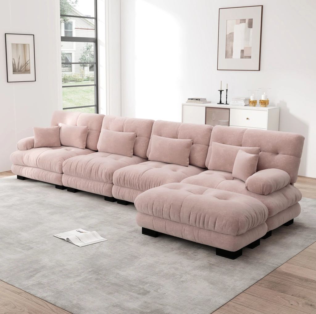 Divano modulare con ottomane mobili in ciniglia rosa