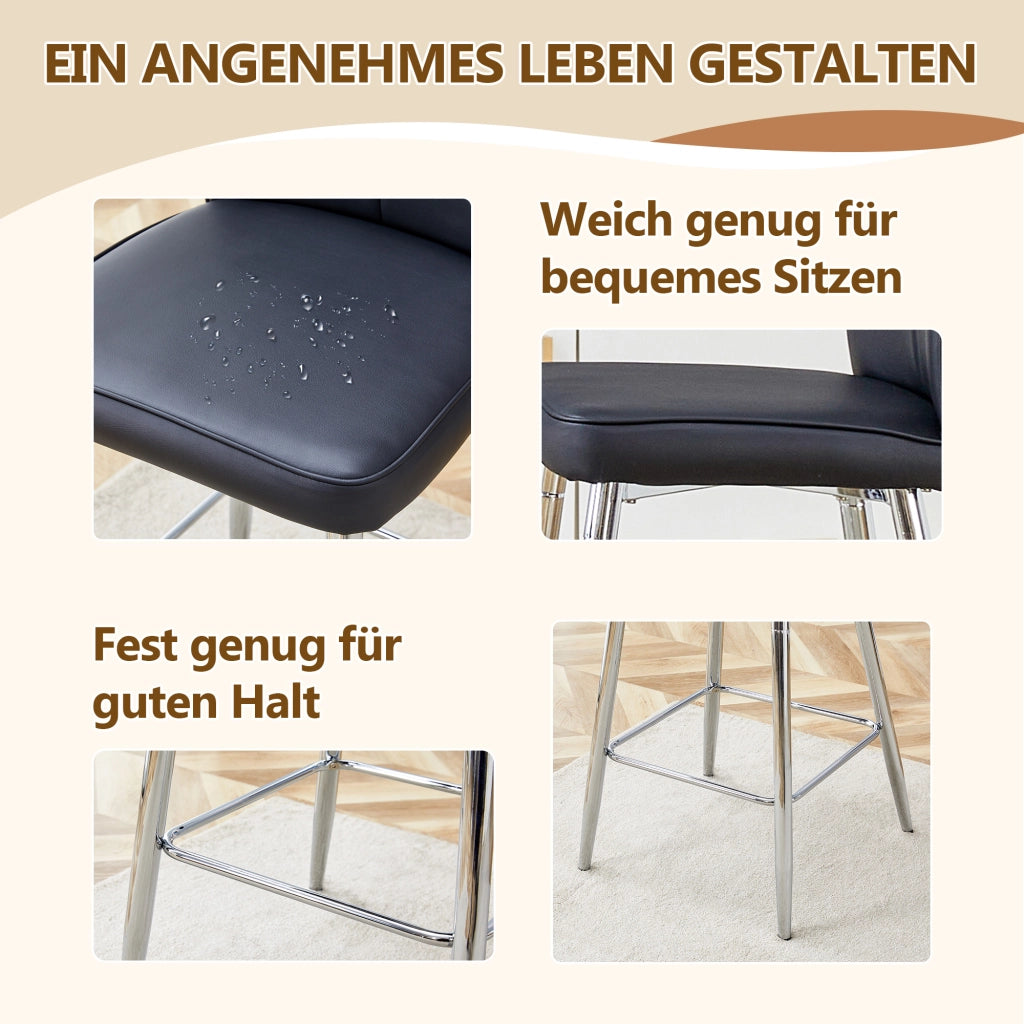 Sgabello da bar set da 2 con schienale ergonomico e poggiapiedi in PU e metallo nero e argento 54 × 54 × 51 cm
