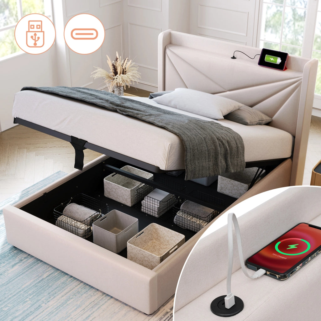 DESMIU Letto singolo 1 posto con vano contenitore, USB e Type-C, 90 × 200 cm, senza materasso, in lino di cotone, beige