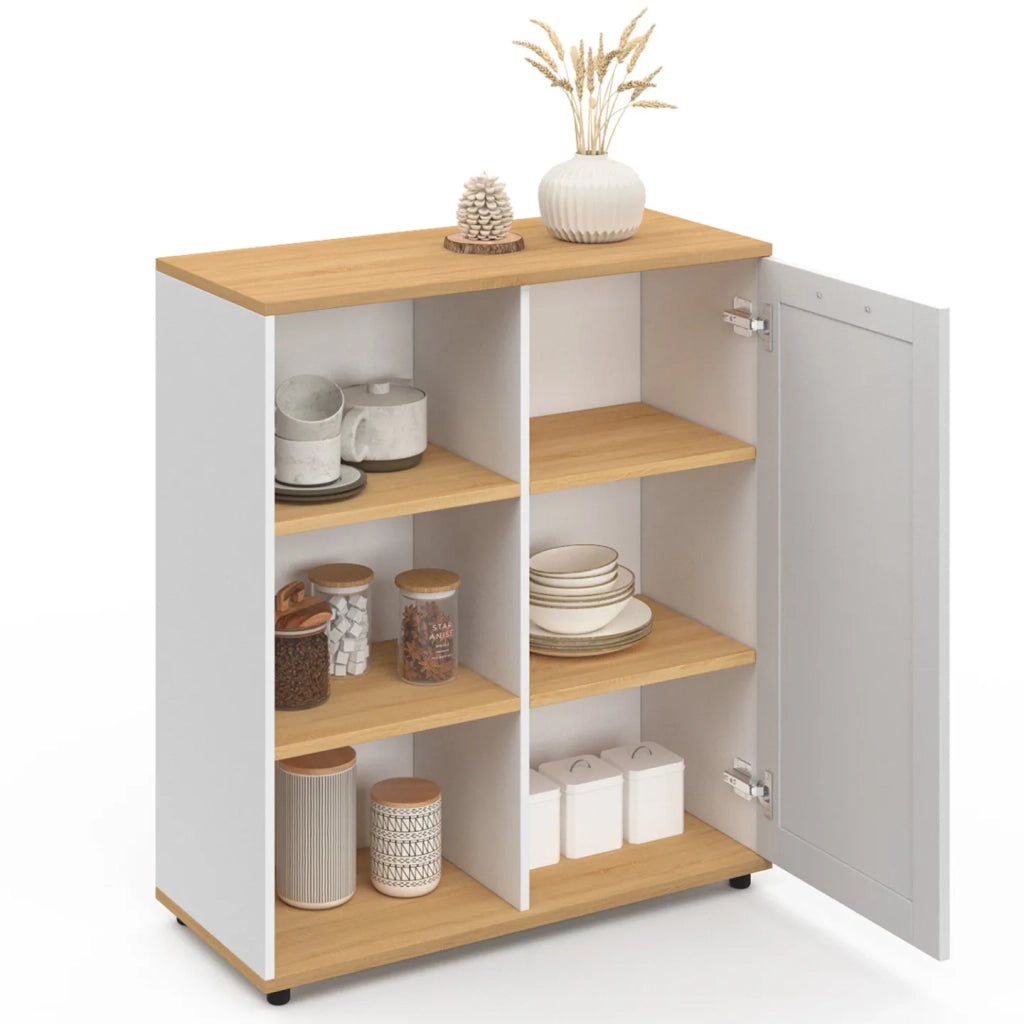 IDMarket - Aparador VITO de 3 estantes con armario blanco y encimera de madera de 70 cm