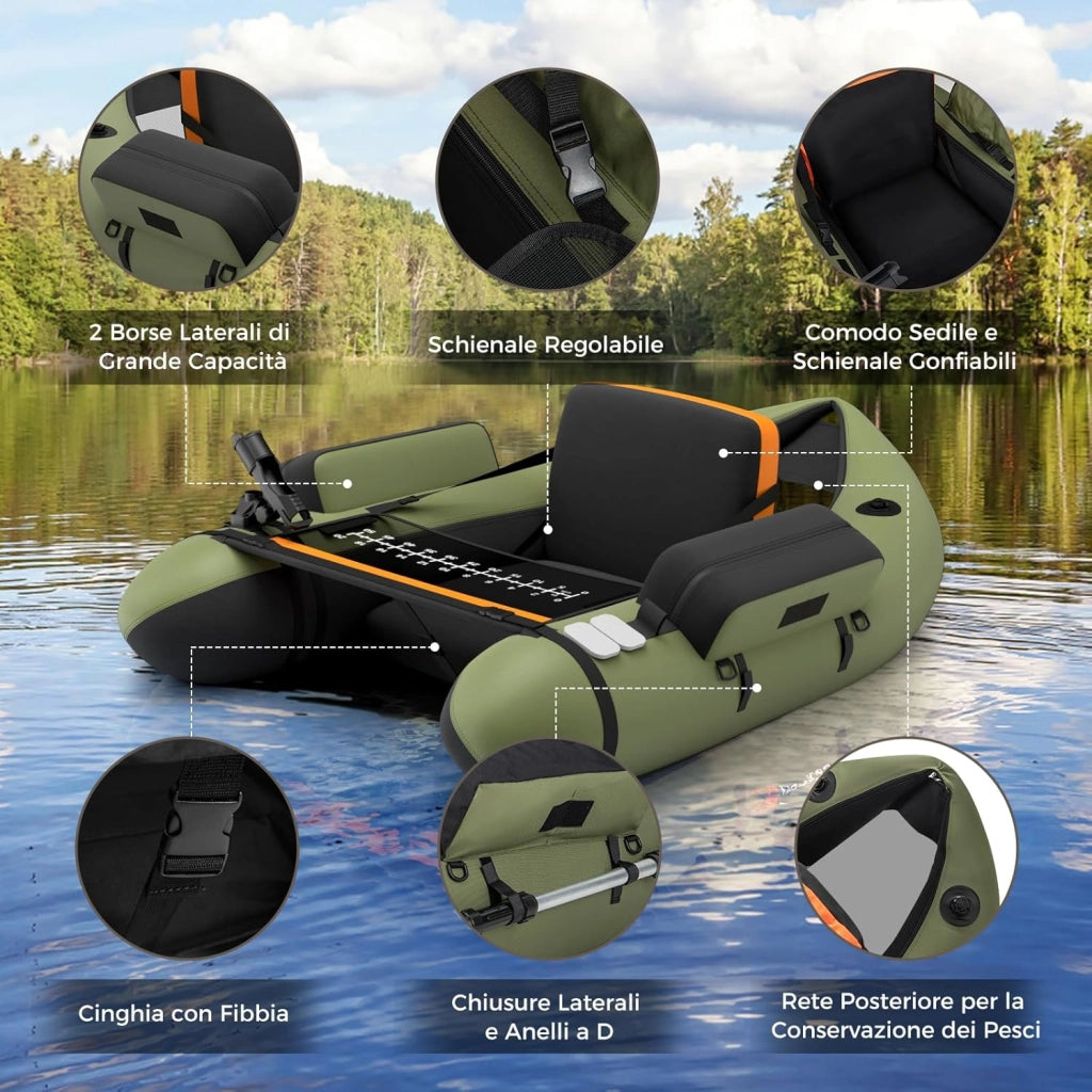 Belly Boat da Pesca Portatile, Gommone Gonfiabile da Pesca con Porta Canne Regolabile, Pompa, Pagaia in Alluminio, Spallacci e Kit di Riparazione, Barca da Mare con 2 Pinne, capacità 160kg