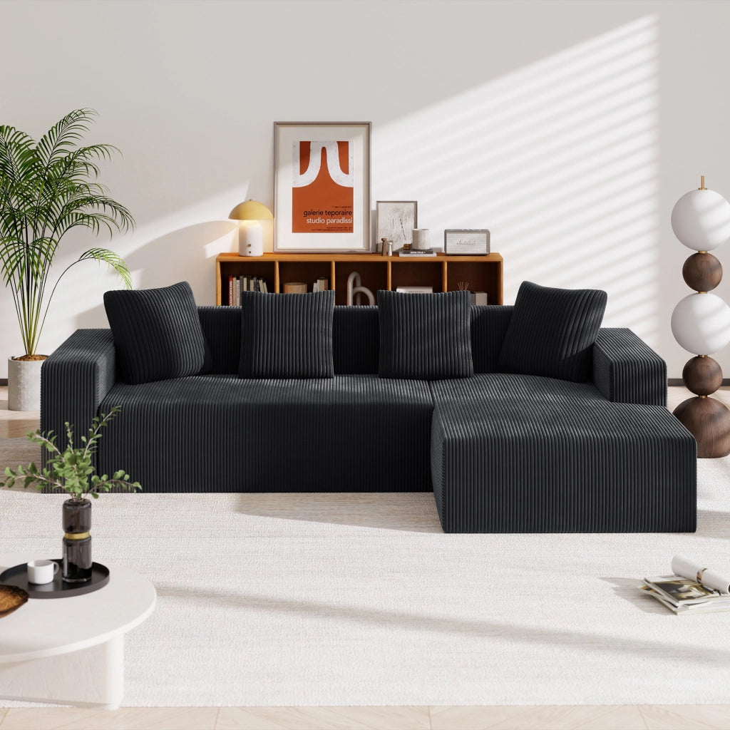 Divano modulare angolare 3 posti con chaise longue e 4 cuscini, seduta profonda, in velluto a coste, Nero