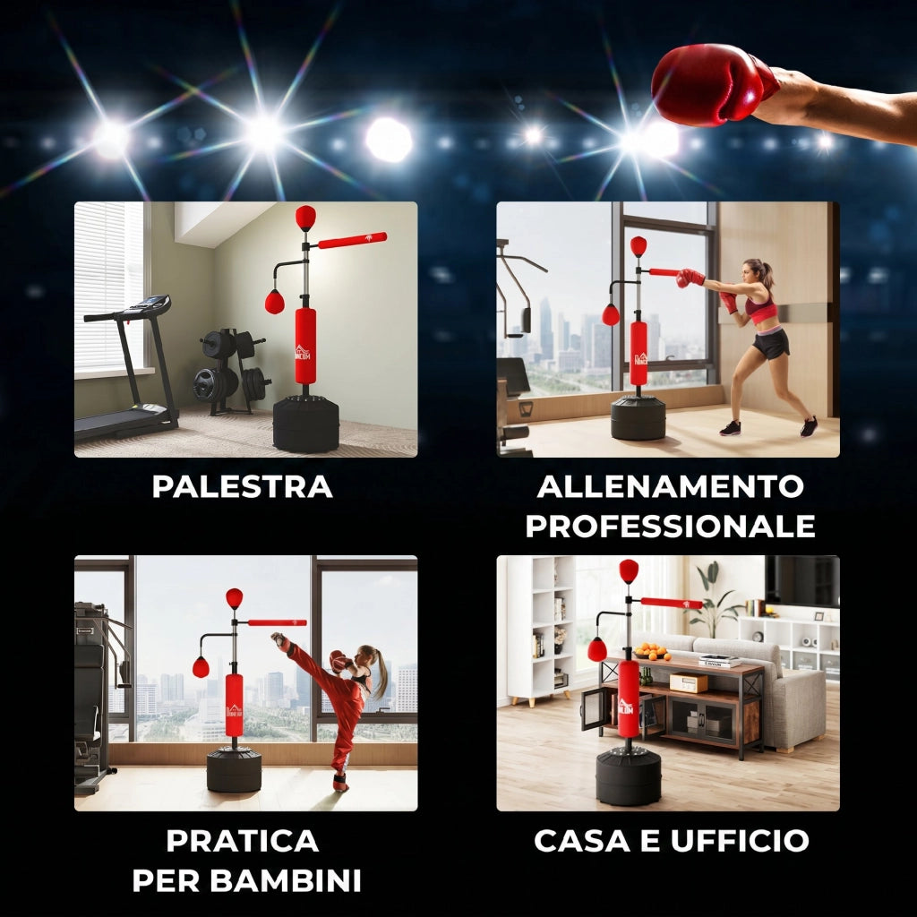 Sacco Boxe da Terra 4 in 1 con 2 Speedball Barra Girevole e Sacco Altezza Regolabile da 160-230 cm Rosso