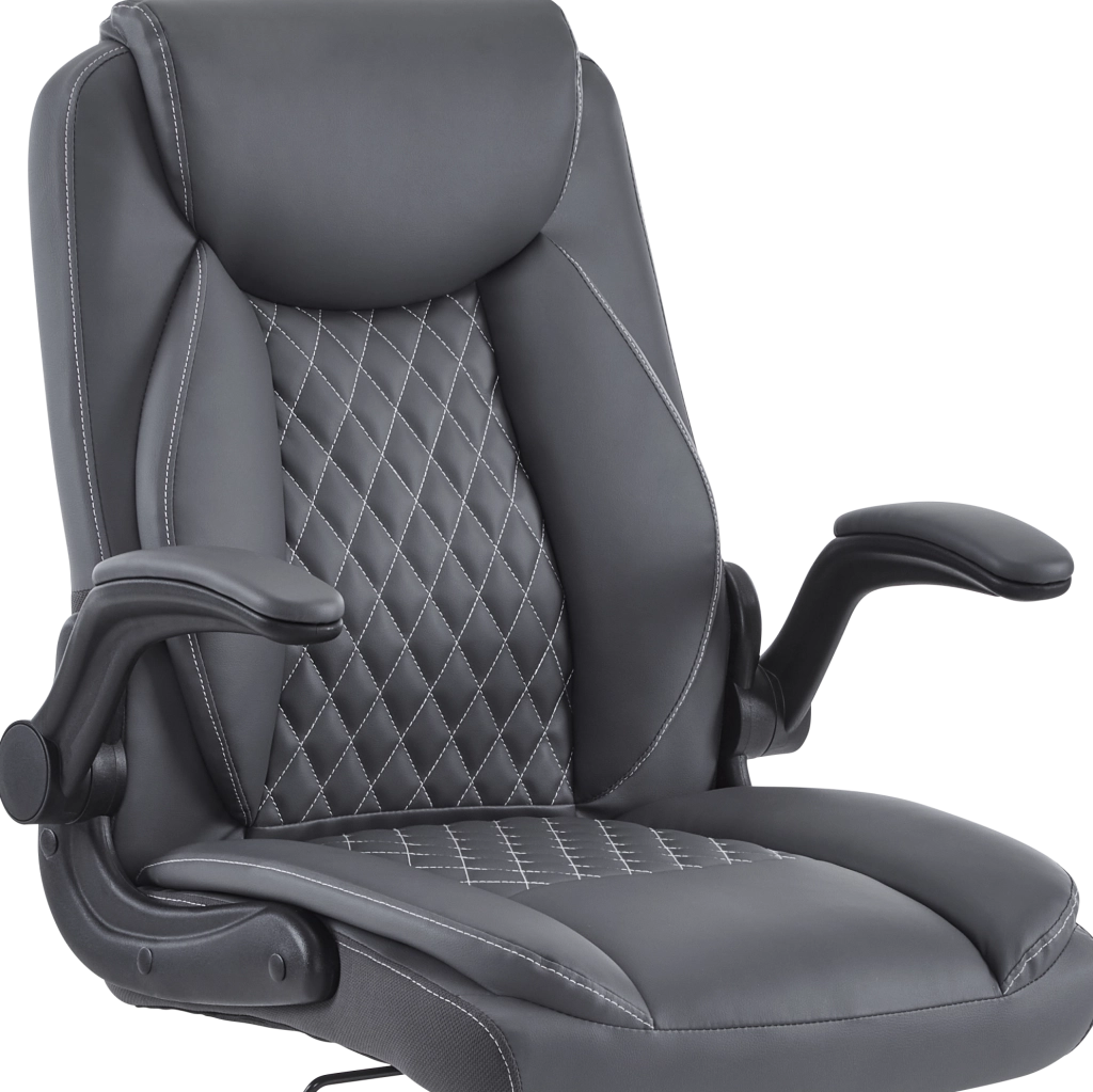 Poltrona ufficio ergonomica girevole grigia in pelle con braccioli ribaltabili e supporto lombare