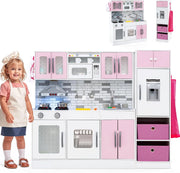 Cucina Giocattolo per Bambini, Set da Cucina in Legno con Luci e Suoni, Macchina del Ghiaccio, Cappa, Fornelli, Microonde e Lavastoviglie, per Bambini 3+ Anni, 118 x 29 x 100cm (Rosa)
