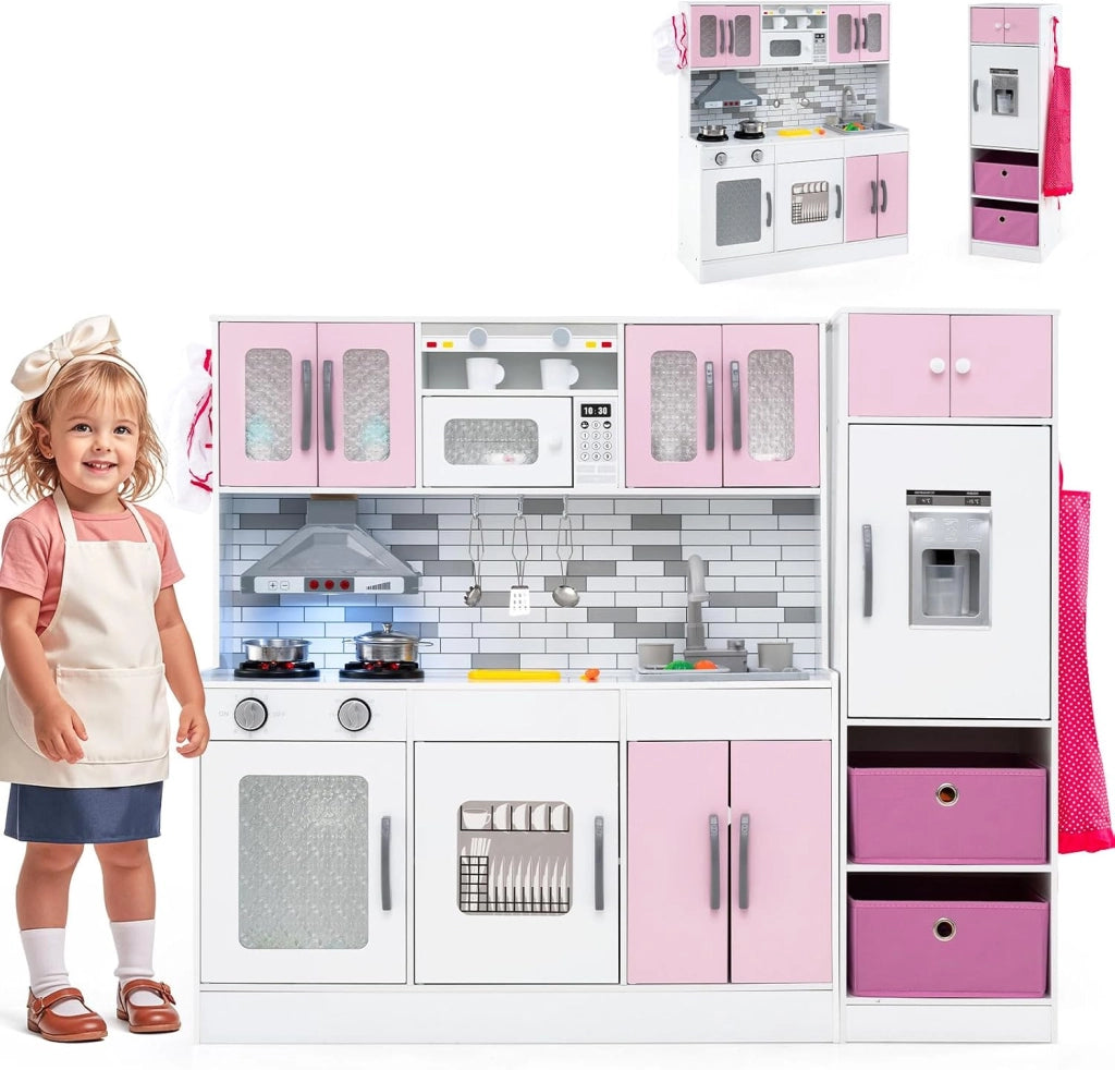 Cucina Giocattolo per Bambini, Set da Cucina in Legno con Luci e Suoni, Macchina del Ghiaccio, Cappa, Fornelli, Microonde e Lavastoviglie, per Bambini 3+ Anni, 118 x 29 x 100cm (Rosa)