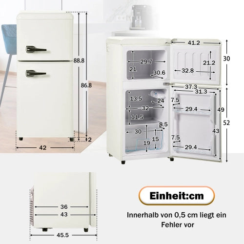 Frigorifero retro; congelatore; doppia porta; volume totale 60L; vano congelatore da 22L; luce LED; efficiente energeticamente; bianco crema