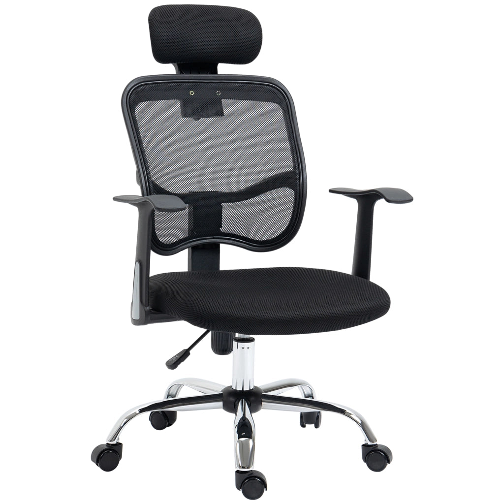Sedia da Ufficio Ergonomica con Poggiatesta 63x62x106-114 cm in Poliestere e Acciaio Nero