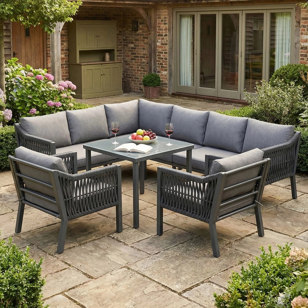 Set da Giardino 8 Posti con Tavolo in Vetro e Divano ad Angolo ¨C Xylo ¨C Grigio, Ferro, Corda
