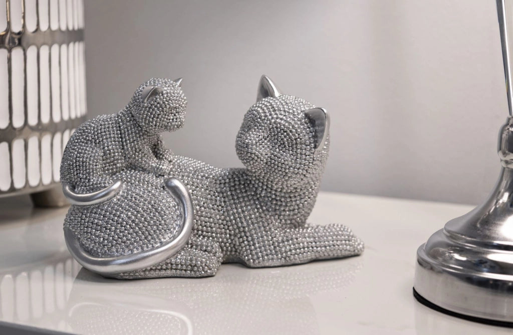 Decorazione Gatto Sparky con Cucciolo 19x9x13 cm in Resina Argento