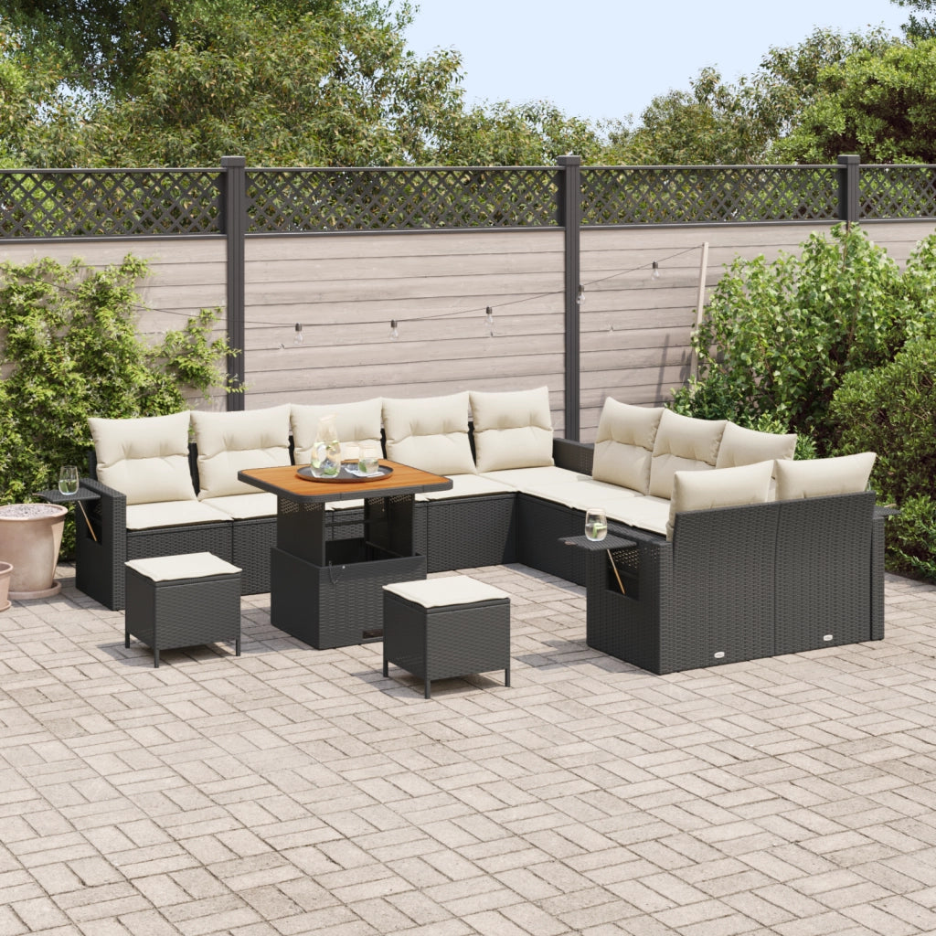 Set Giardino 13 Pezzi con Cuscini Rattan Poliestere Nero Acacia