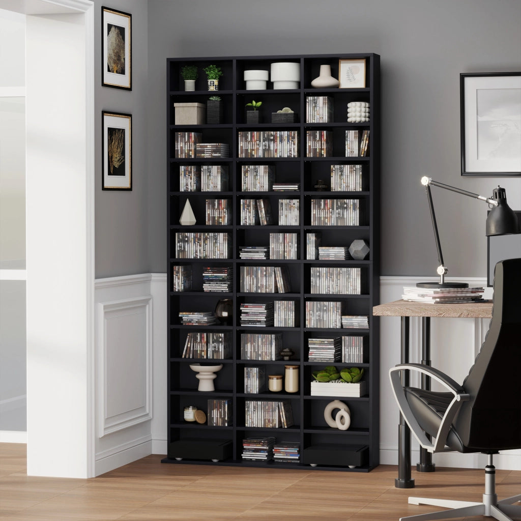 Libreria per CD e DVD, scaffale con 36 scomparti regolabili ¨C Minimal ¨C 102x23.5x195 cm, nero