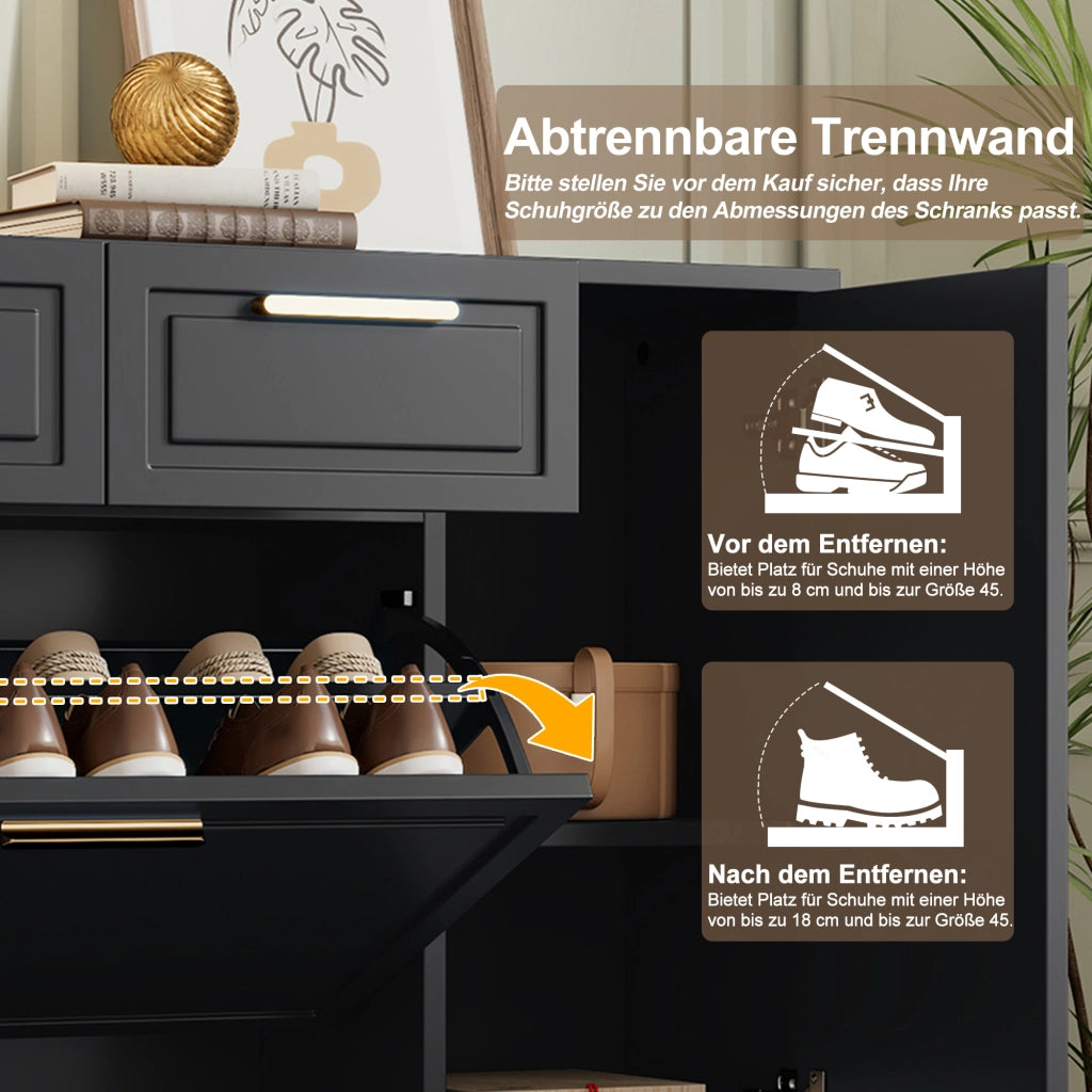 Scarpiera con 2 cassetti ripiani regolabili e vani aperti in nero MDF e pannelli truciolari 95 × 24 × 107 cm