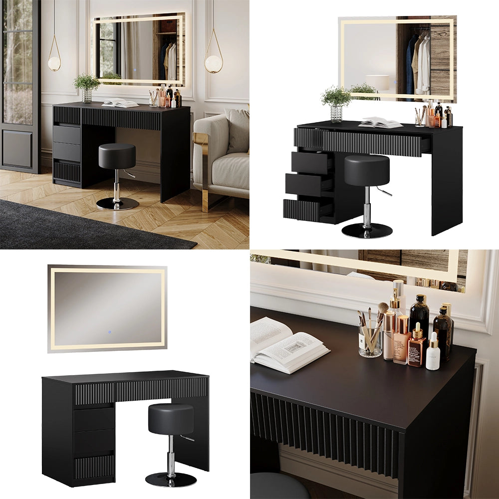 Vicco Tavolo da toilette Nero 120 cm con specchio LED e sgabello