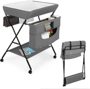 4-in-1 Fasciatoio Pieghevole con Rotelle, Altezza Regolabile, Fasciatoio Portatile con Portaoggetti Borsa e Ripiano, Fasciatoio Neonato 0-12 Mesi (Grigio)