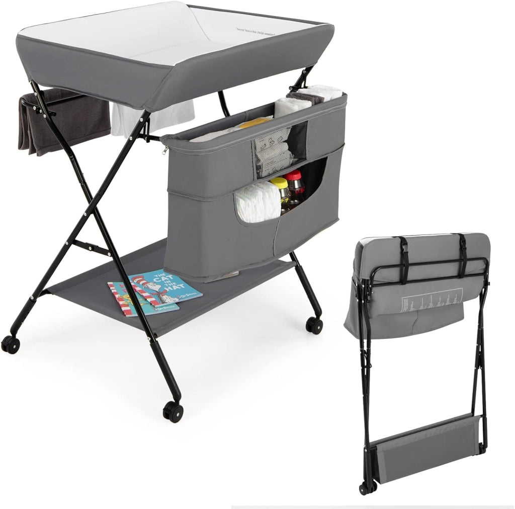 4-in-1 Fasciatoio Pieghevole con Rotelle, Altezza Regolabile, Fasciatoio Portatile con Portaoggetti Borsa e Ripiano, Fasciatoio Neonato 0-12 Mesi (Grigio)