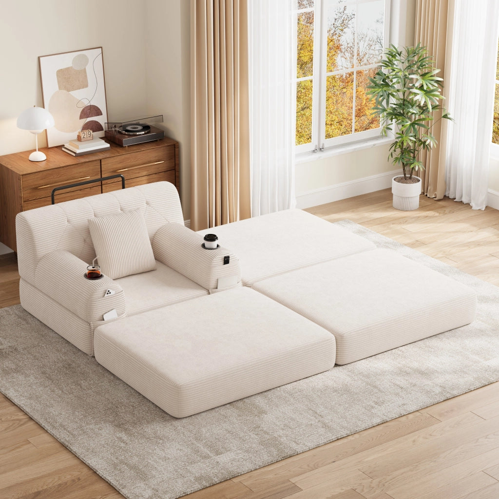 Poltrona letto compatta con funzione letto schienale alto tasche laterali e portabicchieri in tessuto cord beige