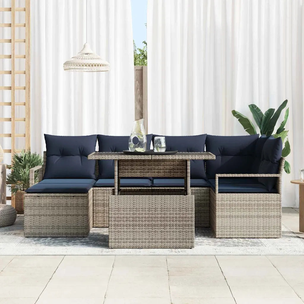 Set Divano da Giardino 7 pcs Grigio e Blu Navy Poly Rattan