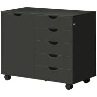 Mobile portaoggetti da scrivania con 5 cassetti 1 porta ripiano regolabile, supporto stampante su ruote, 78x40x66,5 cm, nero