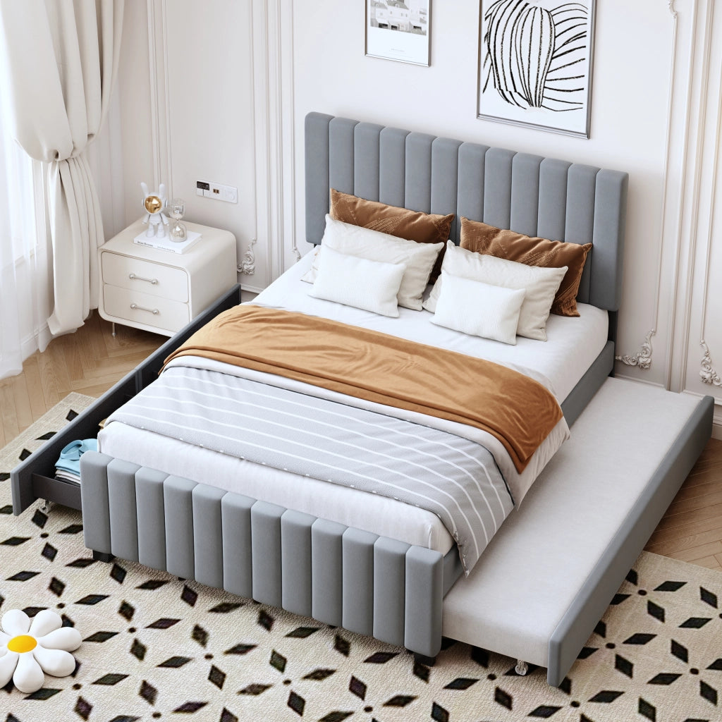 OKWISH Letto con Cassetti 140×190 cm, Letto Matrimoniale con Letto Estraibile 90×190 cm, 2 Cassetti e Testiera Imbottita, senza Materasso, Grigio