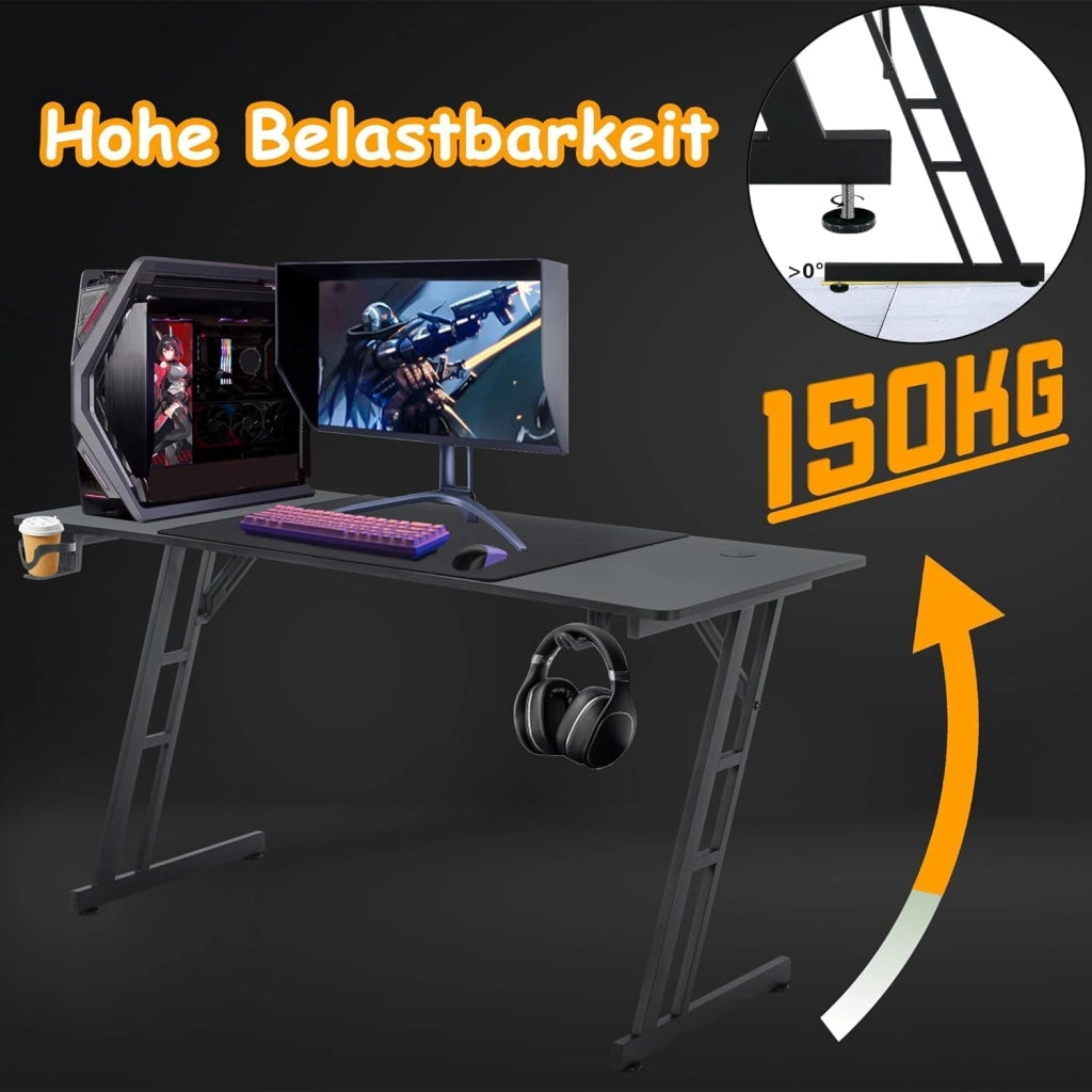 Tavolo da gioco, 160 x 60 cm, altezza regolabile, con foro e supporto per cuffie e tazze, in fibra di carbonio, ergonomico, PC