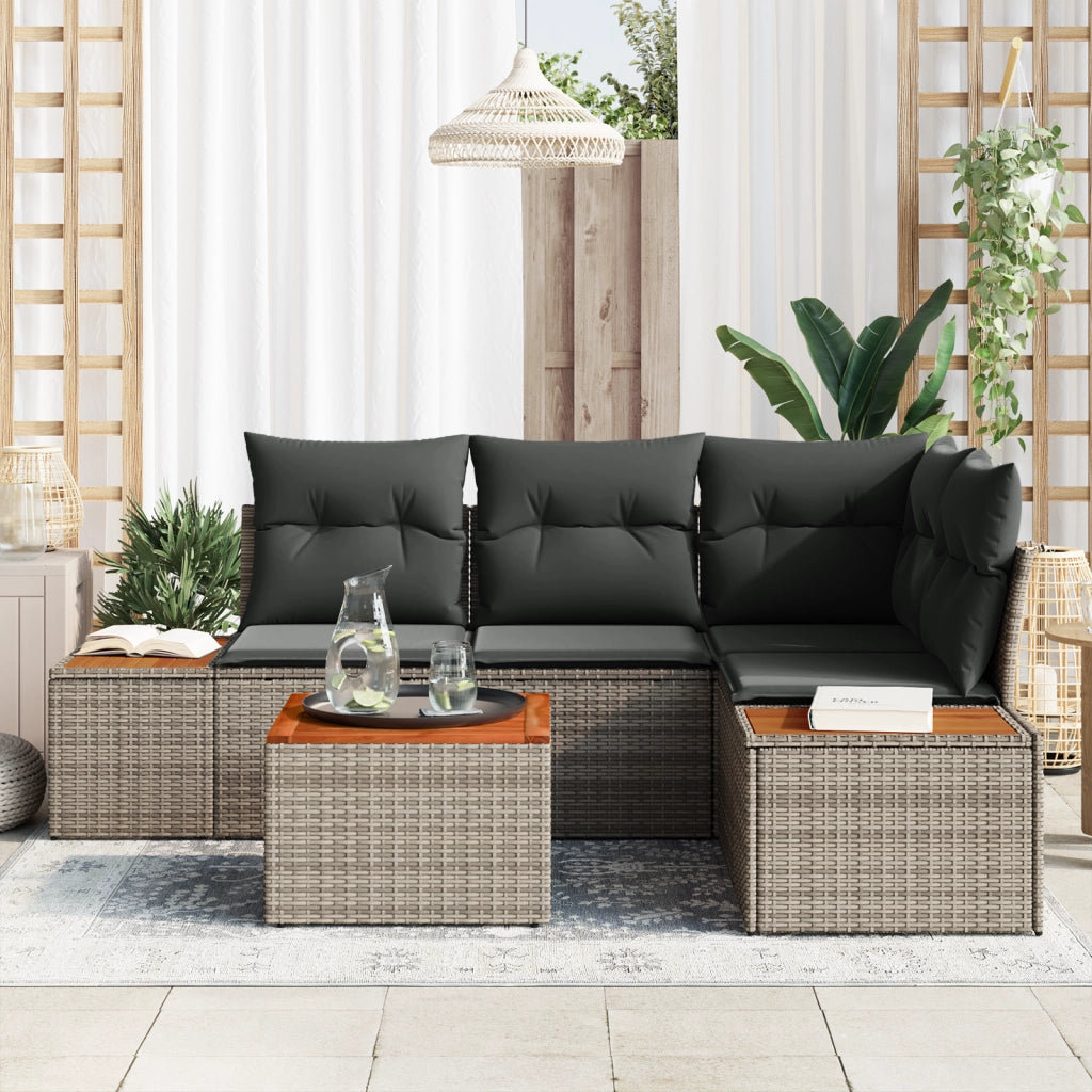 Set da giardino 5 pezzi con cuscini grigio e rattan versatile in acacia