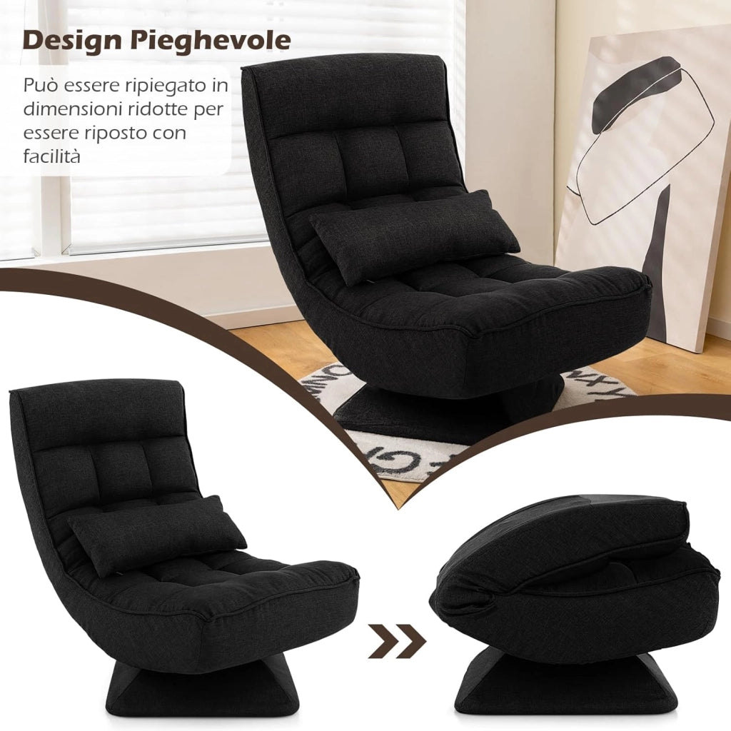 Poltrona da Terra Girevole 360°, Poltrona Relax con Schienale Regolabile a 4 Posizioni, Sedia Pieghevole con Base, per Soggiorno Camera da Letto (Nero)