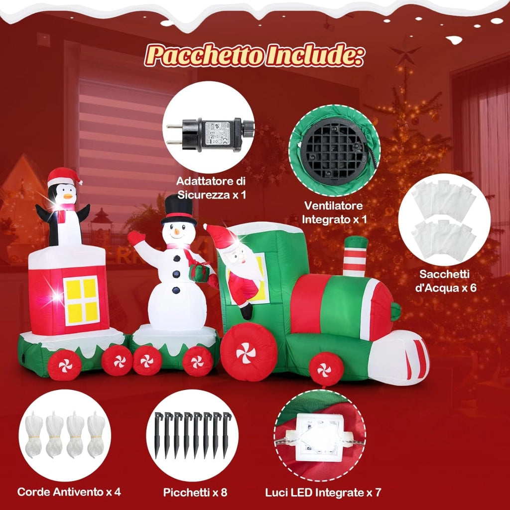 Treno di Natale Gonfiabile 350 cm con Pupazzo di Neve e Luci LED | Decorazione Natalizia da Esterno con Babbo Natale alla Guida, Pinguino e Scatola Regalo per Festa, Giardino e Cortile