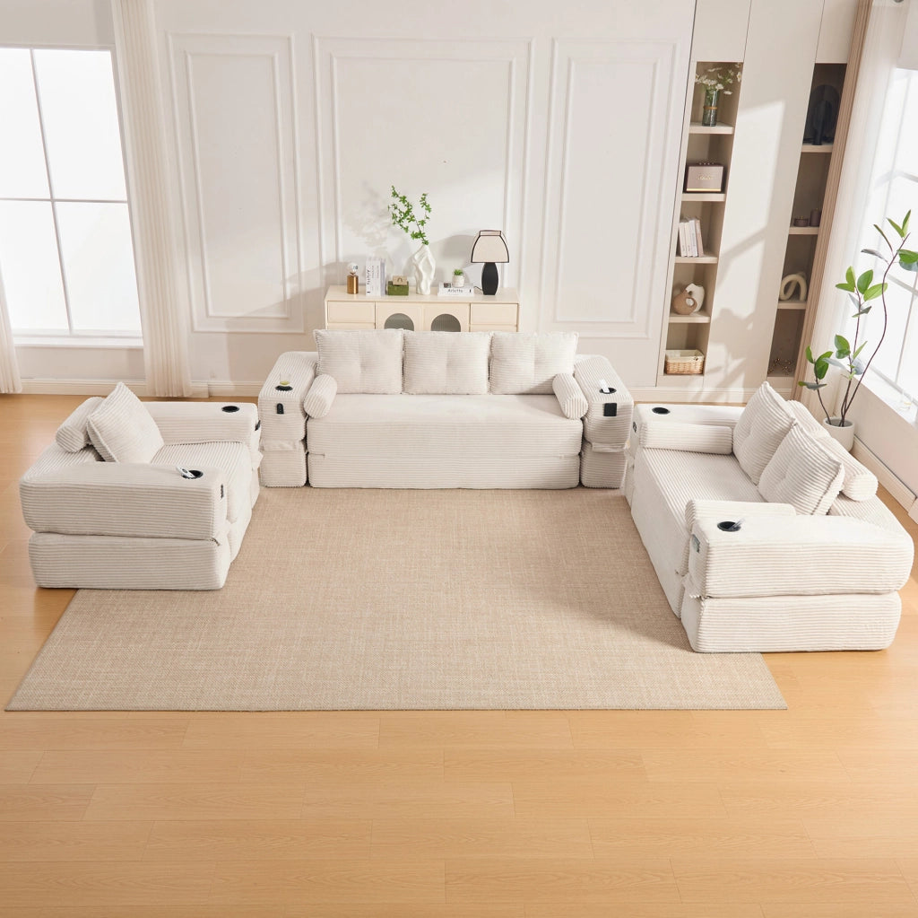 Divano letto 3 posti beige, pieghevole con tasche e portabicchiere, tessuto a coste